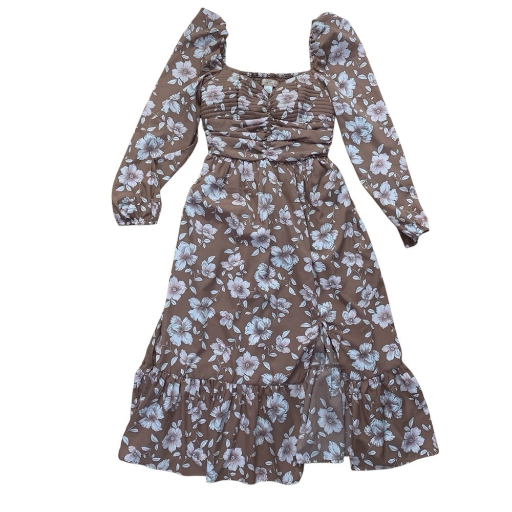 Band of the Free Brown Floral Midi Dress Size Small Bohemian Boho Long Sleeves